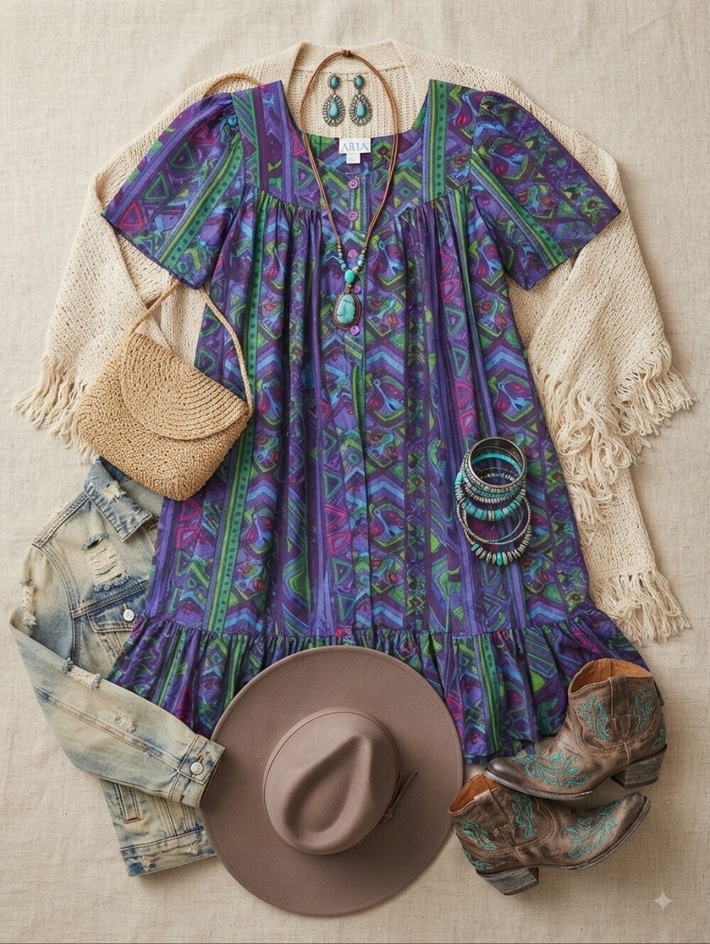 Vintage Aria Purple Pink Green Blue Abstract Print 100% Cotton Midi Dress